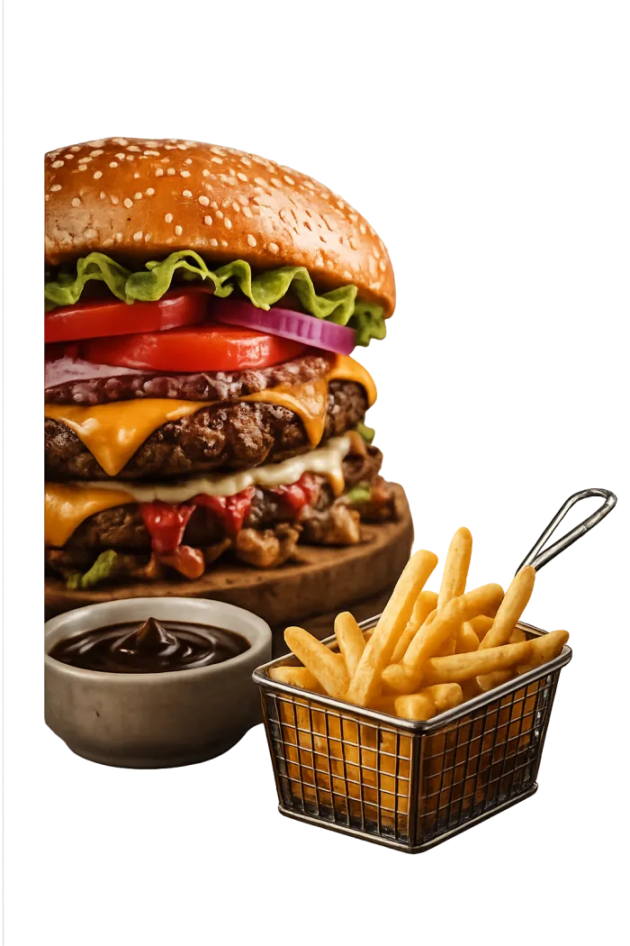 Burger mit Tomate und Käse neben Pommes im Drahtkorb
