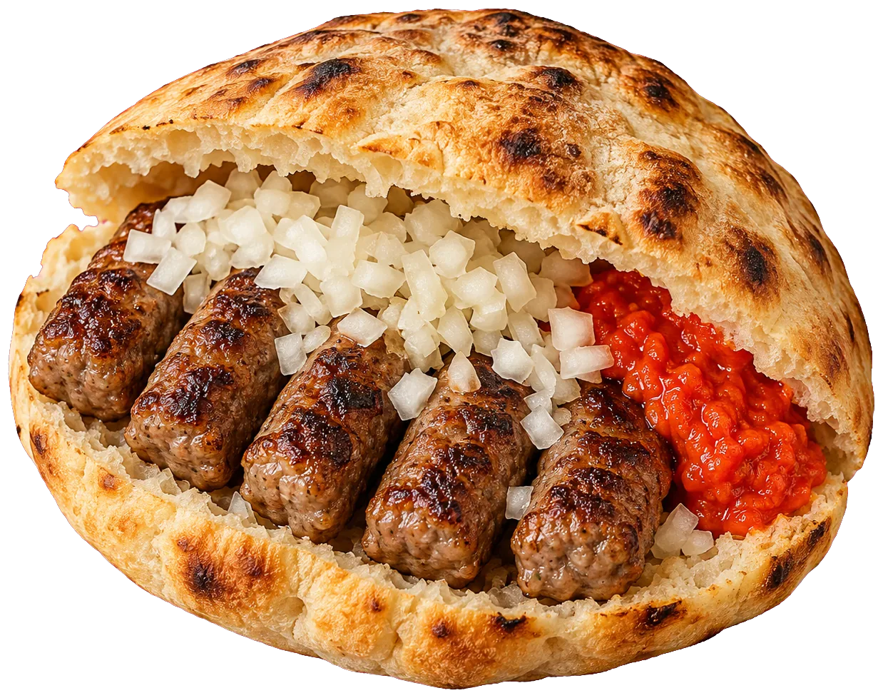 Ćevapi im Fladenbrot mit Zwiebeln, dazu Pommes und scharfe Sauce