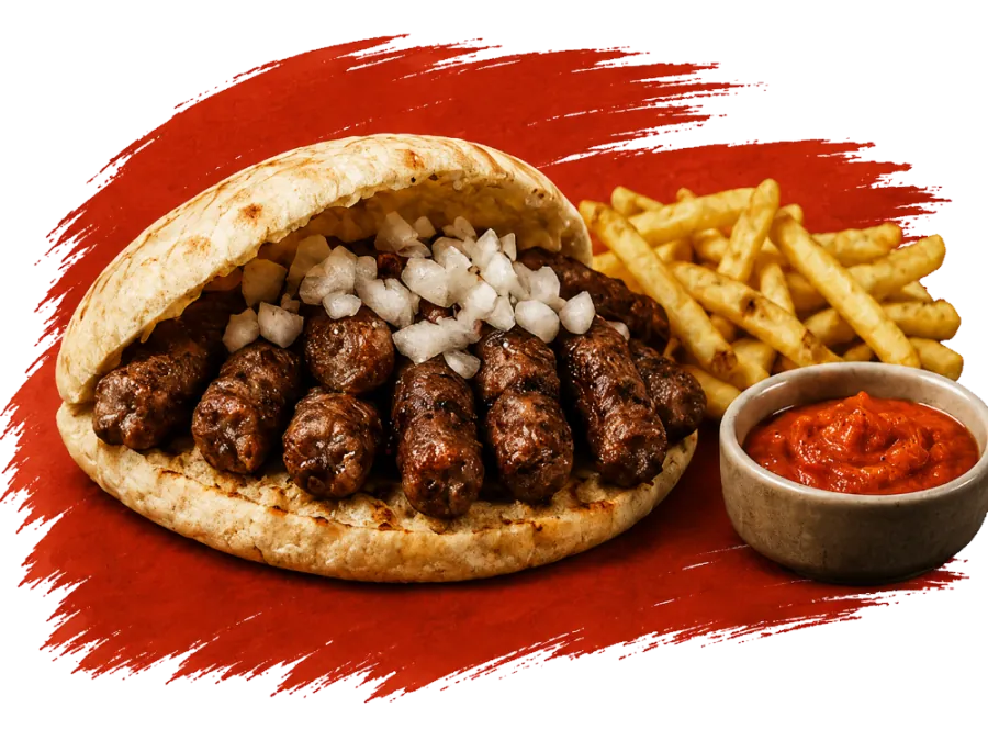 Ćevapi in flatbread with onions, fries and sauce