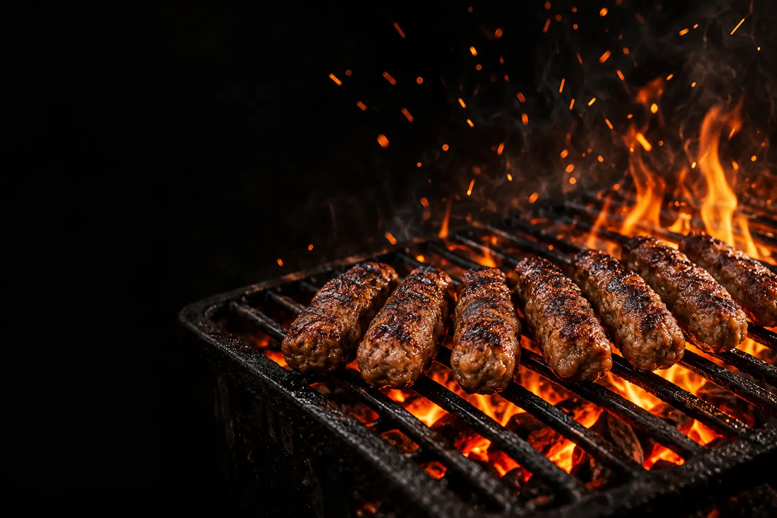 Ćevapi on a grill over embers, sparks flying into the dark