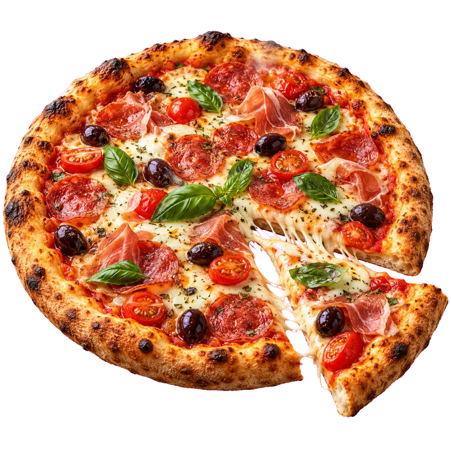 Pizza with prosciutto, salami, olives and basil, one slice with stretching cheese