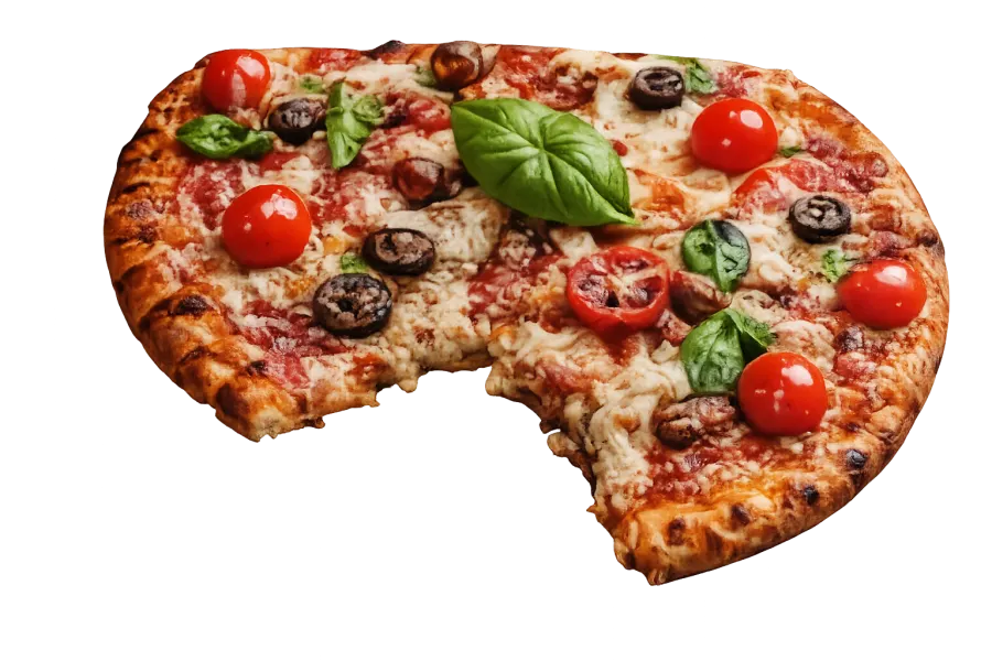 Pizza mit Tomaten, Oliven und Basilikum