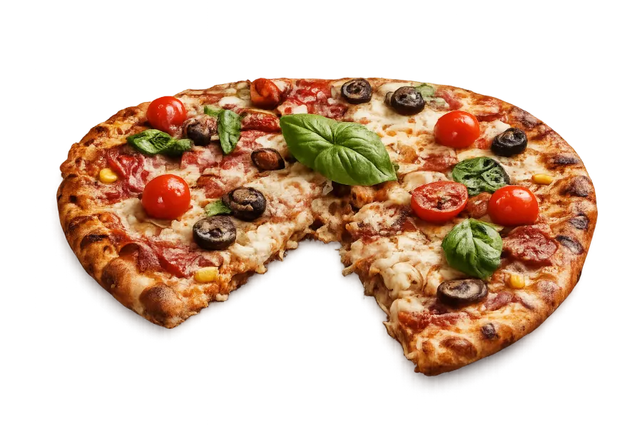 Pizza with tomatoes, olives and basil, one slice cut out